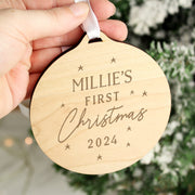 Personalised Baby’s First Christmas Round Wooden Decoration