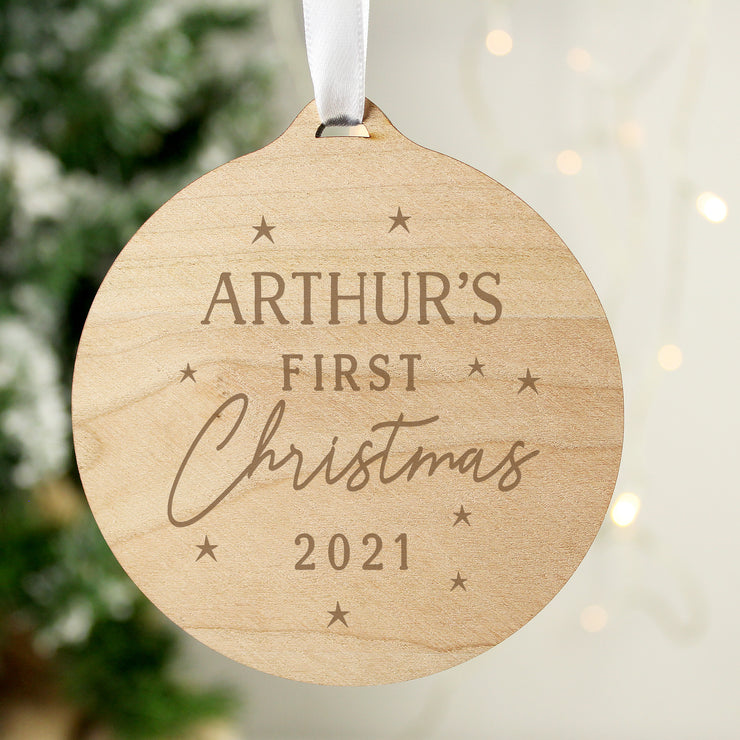 Personalised Baby’s First Christmas Round Wooden Decoration