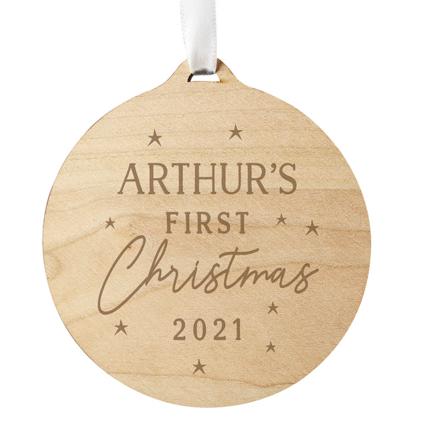 Personalised Baby’s First Christmas Round Wooden Decoration