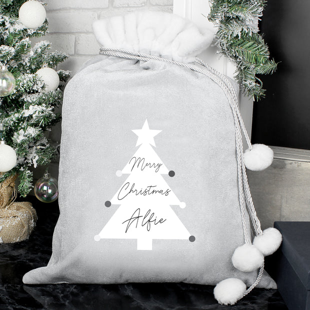 Personalised Christmas Tree Luxury Grey Pom Pom Sack